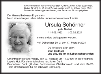 Traueranzeige von Ursula Schörner von Frankenpost
