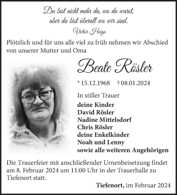 Traueranzeige von Beate Rösler von Südthüringer Presse