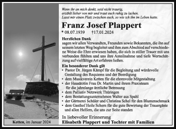Traueranzeige von Franz Josef Plappert von Südthüringer Presse