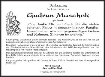 Traueranzeige von Gudrun Maschek von Südthüringer Presse