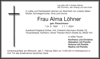 Traueranzeige von Alma Löhner von Frankenpost