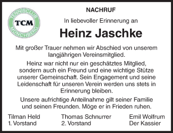 Traueranzeige von Heinz Jaschke von Frankenpost