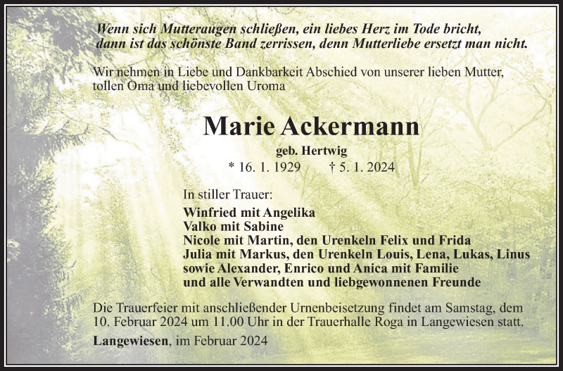  Traueranzeige für Marie Ackermann vom 03.02.2024 aus Südthüringer Presse