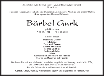 Traueranzeige von Bärbel Gurk von Südthüringer Presse