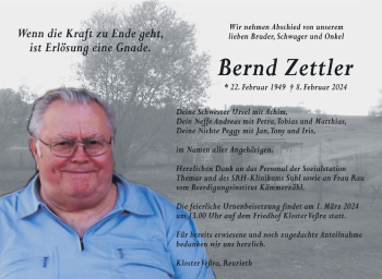 Traueranzeige von Bernd Zettler von Südthüringer Presse