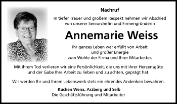 Traueranzeige von Annemarie Weiss von Frankenpost