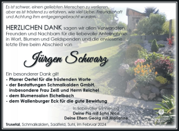 Traueranzeige von Jürgen Schwarz von Südthüringer Presse