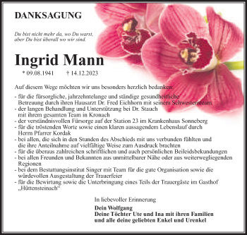 Traueranzeige von Ingrid Anitta Mann von Südthüringer Presse
