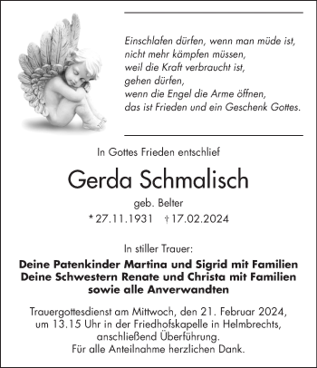 Traueranzeige von Gerda Schmalisch von Frankenpost