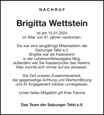 Traueranzeige von Brigitta Wettstein von Südthüringer Presse