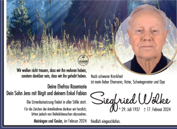 Traueranzeige von Siegfried Wölke von Südthüringer Presse