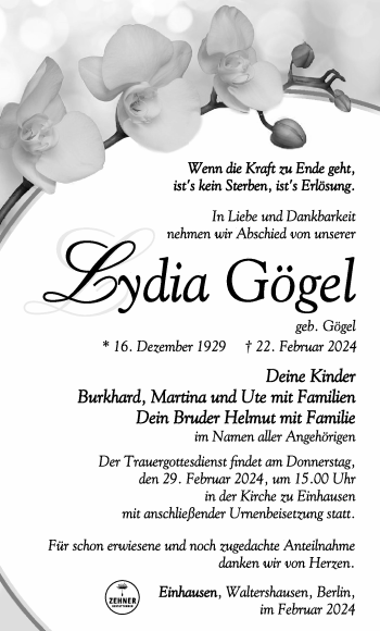 Traueranzeige von Lydia Gögel von Südthüringer Presse