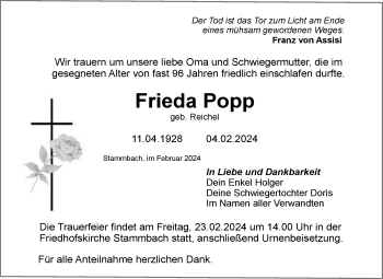 Traueranzeige von Frieda Popp von Frankenpost