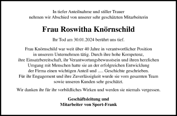 Traueranzeige von Roswitha Knörnschild von Frankenpost