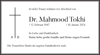 Traueranzeige von Mahmood Tokhi von Frankenpost