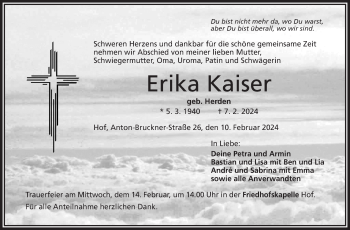 Traueranzeige von Erika Kaiser von Frankenpost