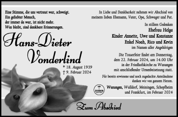 Traueranzeige von Hans-Dieter Vonderlind von Südthüringer Presse