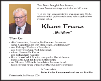 Traueranzeige von Klaus Franz von Südthüringer Presse
