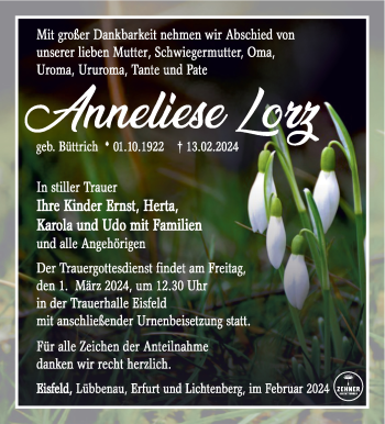 Traueranzeige von Anneliese Lorz von Südthüringer Presse