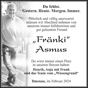 Traueranzeige von Fränki Asmus von Südthüringer Presse