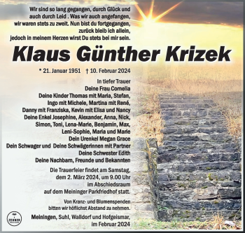 Traueranzeige von Günther Krizek von Südthüringer Presse