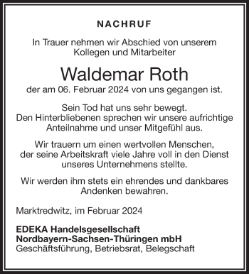 Traueranzeige von Waldemar Roth von Frankenpost