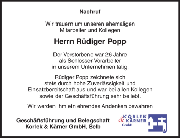 Traueranzeige von Rüdiger Popp von Frankenpost