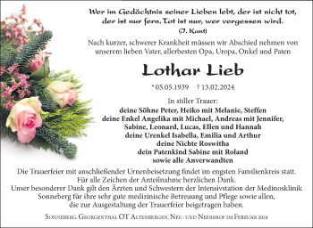 Traueranzeige von Lothar Lieb von Südthüringer Presse