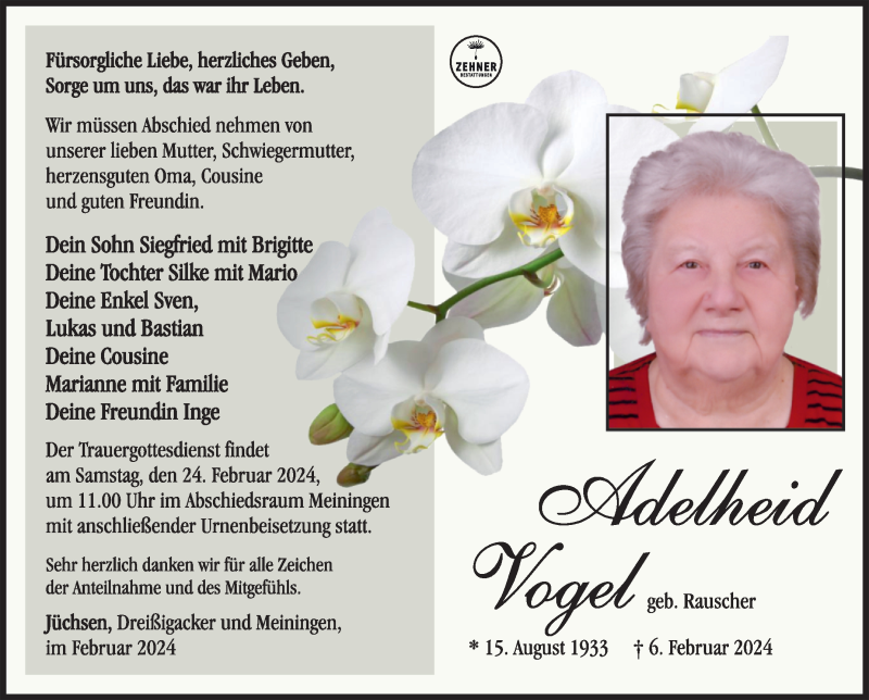  Traueranzeige für Adelheid Vogel vom 17.02.2024 aus Südthüringer Presse