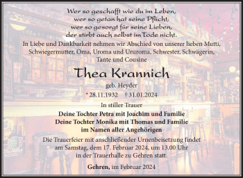 Traueranzeige von Thea Krannich von Südthüringer Presse