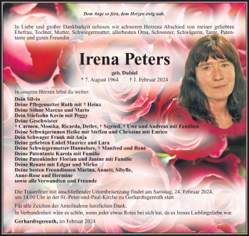Traueranzeige von Irena Peters von Südthüringer Presse