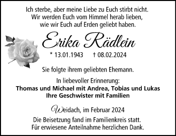 Traueranzeige von Erika Rädlein von Neue Presse Coburg