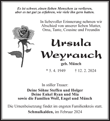 Traueranzeige von Ursula Rauch von Südthüringer Presse