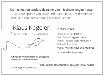 Traueranzeige von Klaus Kegeler von Südthüringer Presse