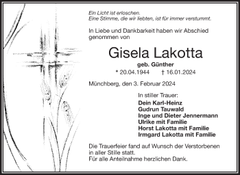 Traueranzeige von Gisela Lakotta von Frankenpost