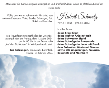 Traueranzeige von Hubert Schmölz von Südthüringer Presse