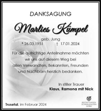 Traueranzeige von Marlies Kümpel von Südthüringer Presse