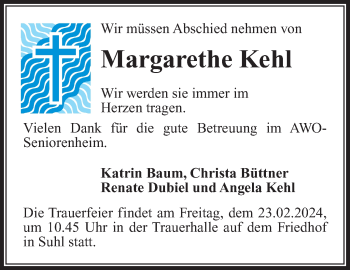 Traueranzeige von Margarethe Kehl von Südthüringer Presse