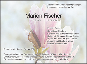 Traueranzeige von Marion Fischer von Neue Presse Coburg