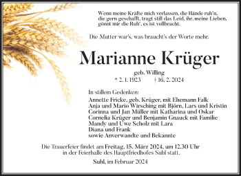 Traueranzeige von Marianne Krüger von Südthüringer Presse