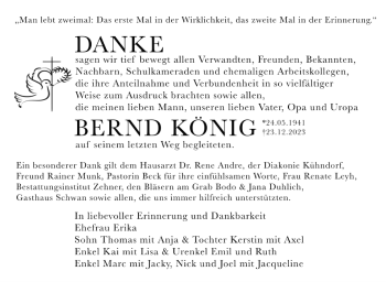 Traueranzeige von Bernd König von Südthüringer Presse