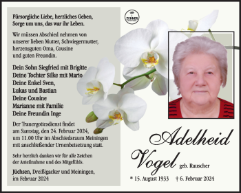 Traueranzeige von Adelheid Vogel von Südthüringer Presse