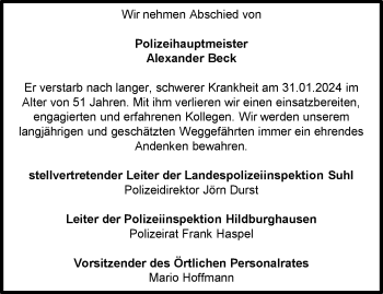 Traueranzeige von Alexander Beck von Südthüringer Presse