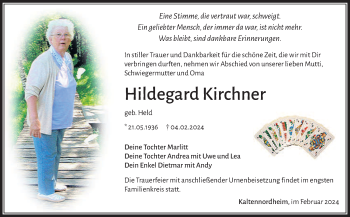 Traueranzeige von Hildegard Kirchner von Südthüringer Presse