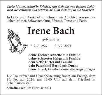 Traueranzeige von Irene Bach von Südthüringer Presse