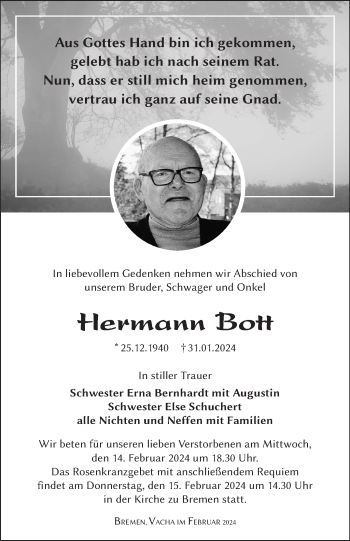 Traueranzeige von Hermann Bott von Südthüringer Presse