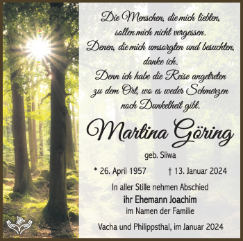 Traueranzeige von Martina Göring von Südthüringer Presse