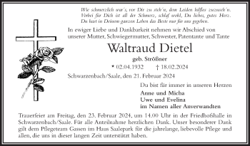 Traueranzeige von Waltraud Dietel von Frankenpost