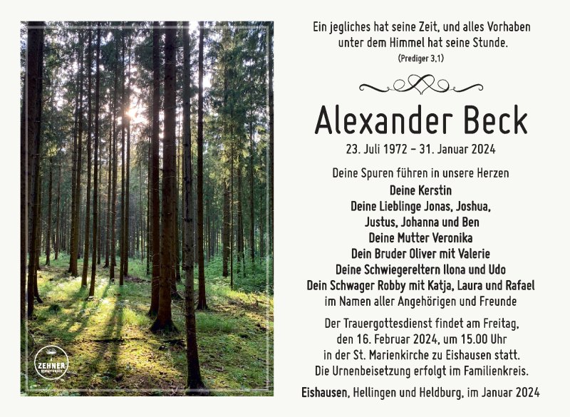  Traueranzeige für Alexander Beck vom 10.02.2024 aus Südthüringer Presse