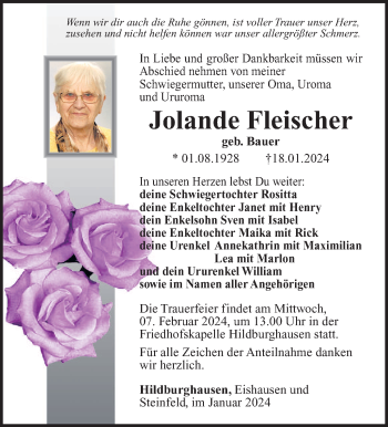 Traueranzeige von Jolande Fleischer von Südthüringer Presse